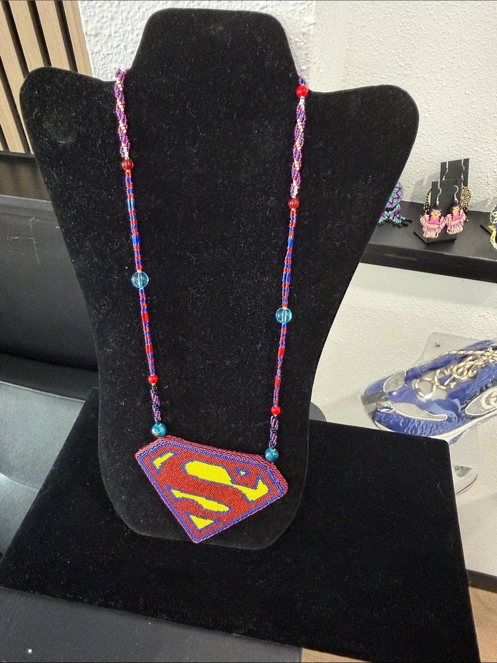 Hand Beaded Superman Statement Pendant Necklace in Red & Blue